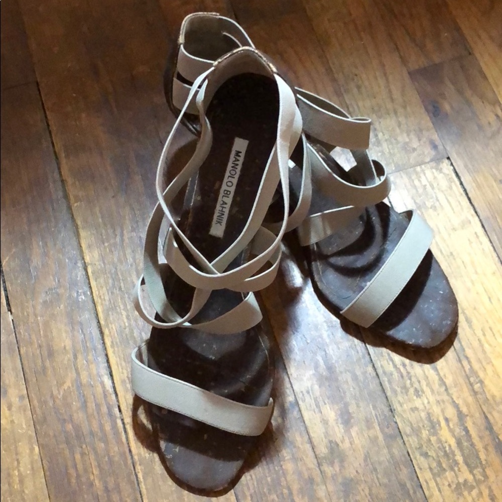 Manolo Blahnik Cork Wedge Sandals (Taupe/Brown)